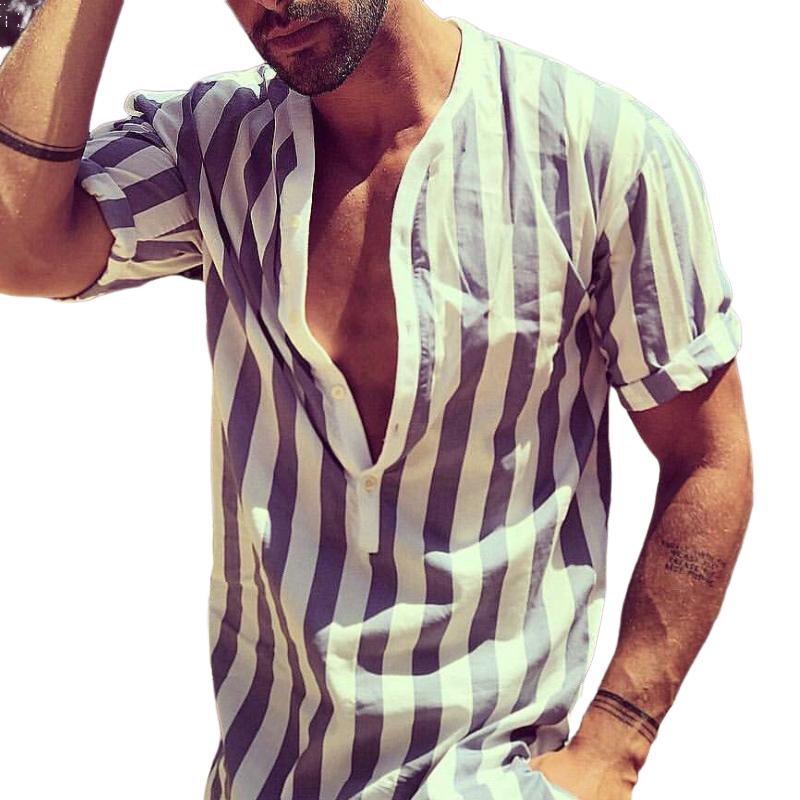 Men's Casual Striped Round Neck Short Sleeve Shirt 54597539TO