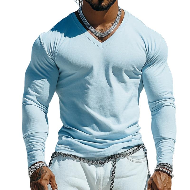 Men's Retro Casual Solid Color V-Neck Long Sleeve T-Shirt 34497200TO