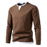 Men's Casual Color Matching Fake Two-Piece Double-Layer V-Neck Long-Sleeved T-Shirt 49232635Y