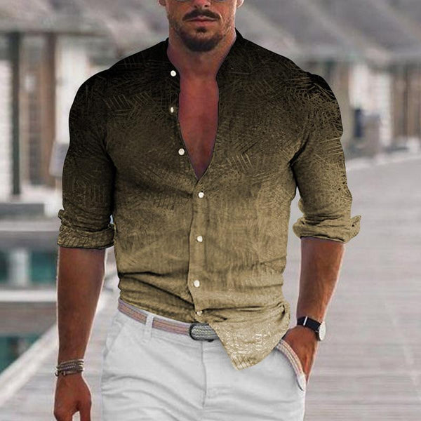 Men's Casual Stand Collar Gradient Print Slim Fit Long Sleeve Shirt 27222438M