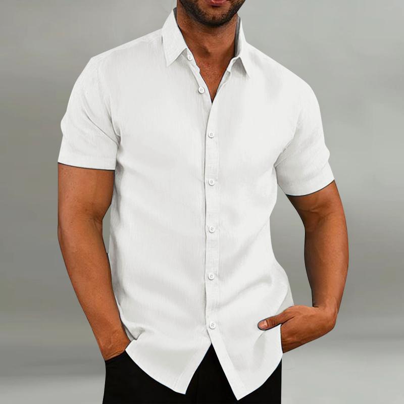 Chemise décontractée à manches courtes en coton et lin pour homme, coupe slim, à revers ample, 21811775M