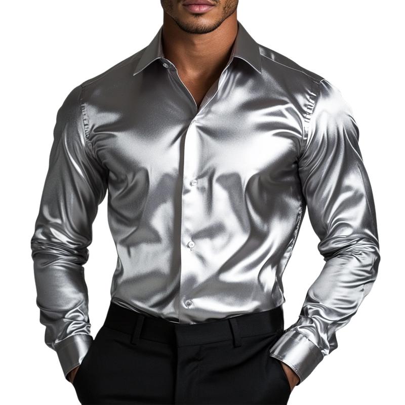 Men's Vintage Silver Satin Loose Long Sleeve Shirt 27737090U