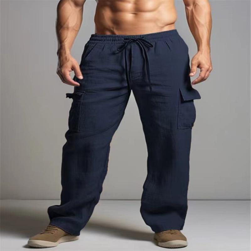 Men's Solid Cotton And Linen Elastic Waist Multi-pocket Casual Pants 09929953Z