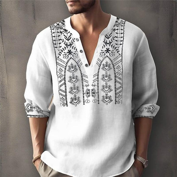 Men's Ethnic Print V Neck Long Sleeve Casual Shirt 63344347Z