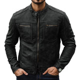 Men's Vintage Distressed Zipper Leather Jacket 08853890U