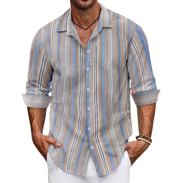 Men's Casual Cotton Linen Contrast Striped Lapel Long-sleeved Shirt 88362441M