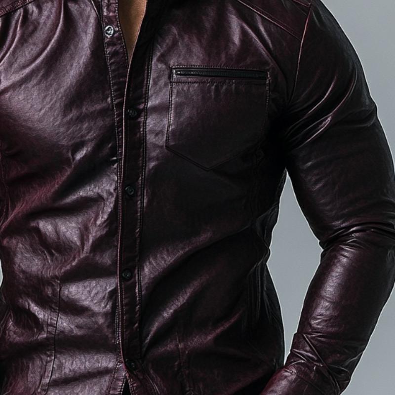 Mens Fashion Single Breasted Slim Fit Long Sleeve Leather Shirt 12449813Y