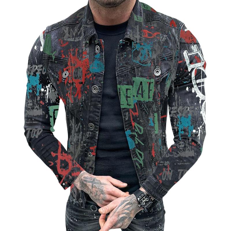 Men's Vintage Print Denim Lapel Jacket 46849810X