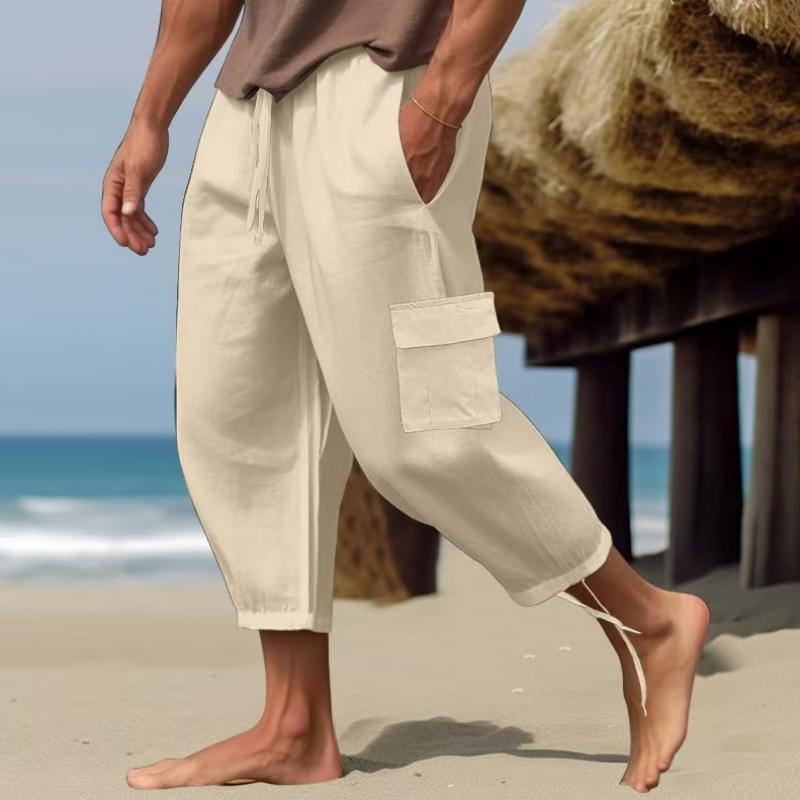 Men's Solid Loose Linen Elastic Waist Casual Pants 49392157Z