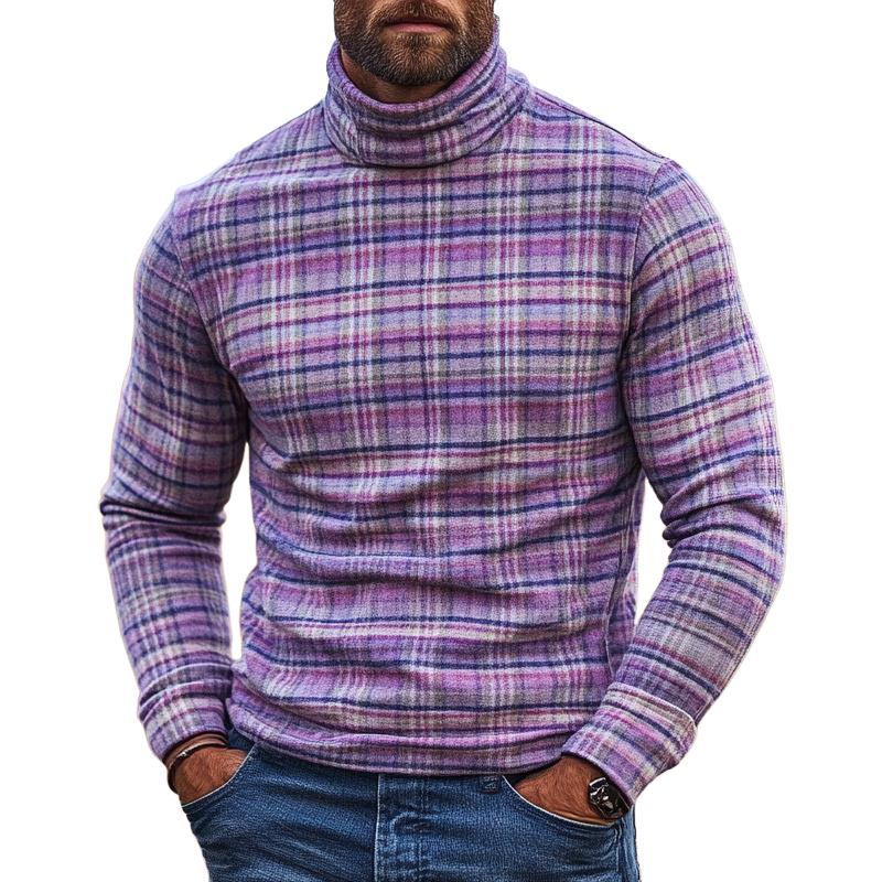 Men's Vintage Checked High Collar Long Sleeve Casual T-shirt 96107713Z