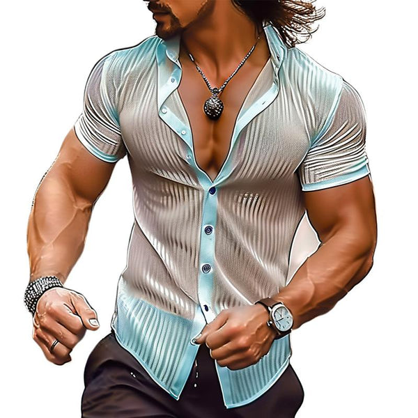 Men's Striped Print Transparent Lapel Short Sleeve Shirt 48842242Y