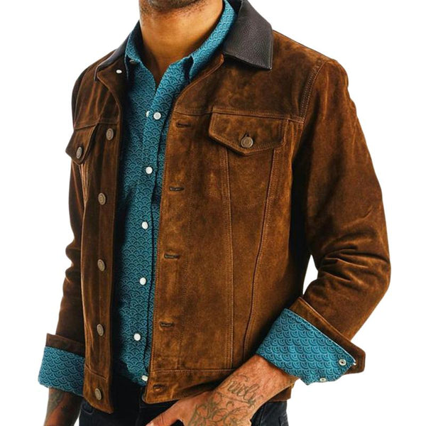 Men's Vintage Khaki Leather Collar Patchwork Jacket 64742100U