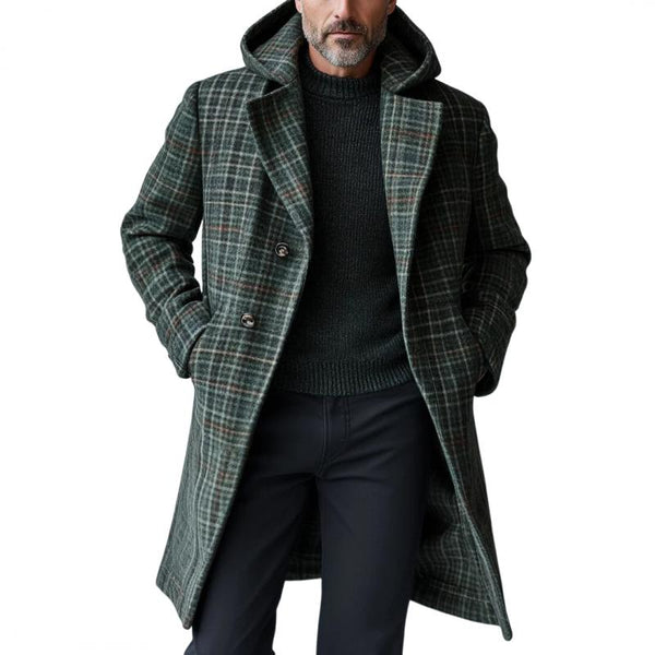 Men's Vintage Woolen Plaid Print Hooded Mid-Length Coat 17274534Y