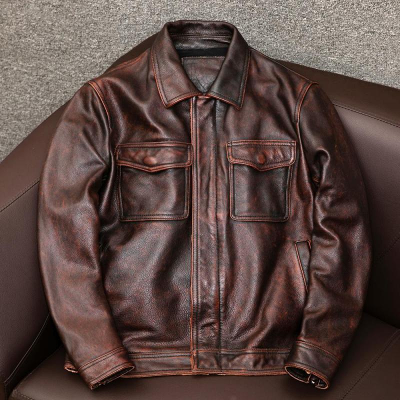 Men's Vintage Lapel Double Chest Pocket Leather Jacket 96949137Y