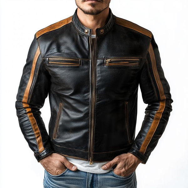 Men's Retro Motorcycle Stand Collar Multi-Pocket Leather Jacket 38727945Y