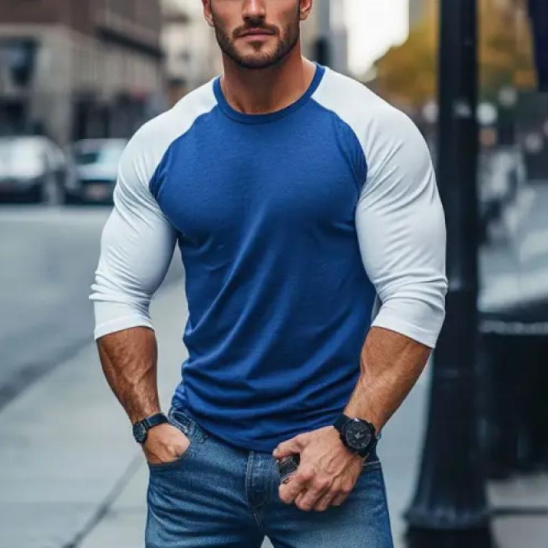 Men's Fashion Colorblock Raglan Sleeves Round Neck Slim Fit Long Sleeve T-Shirt 09166785Y