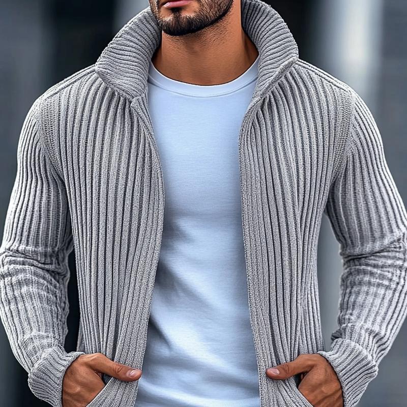 Men's Fashion Stand Collar Solid Striped Long Sleeve Knit Cardigan 40403507Z