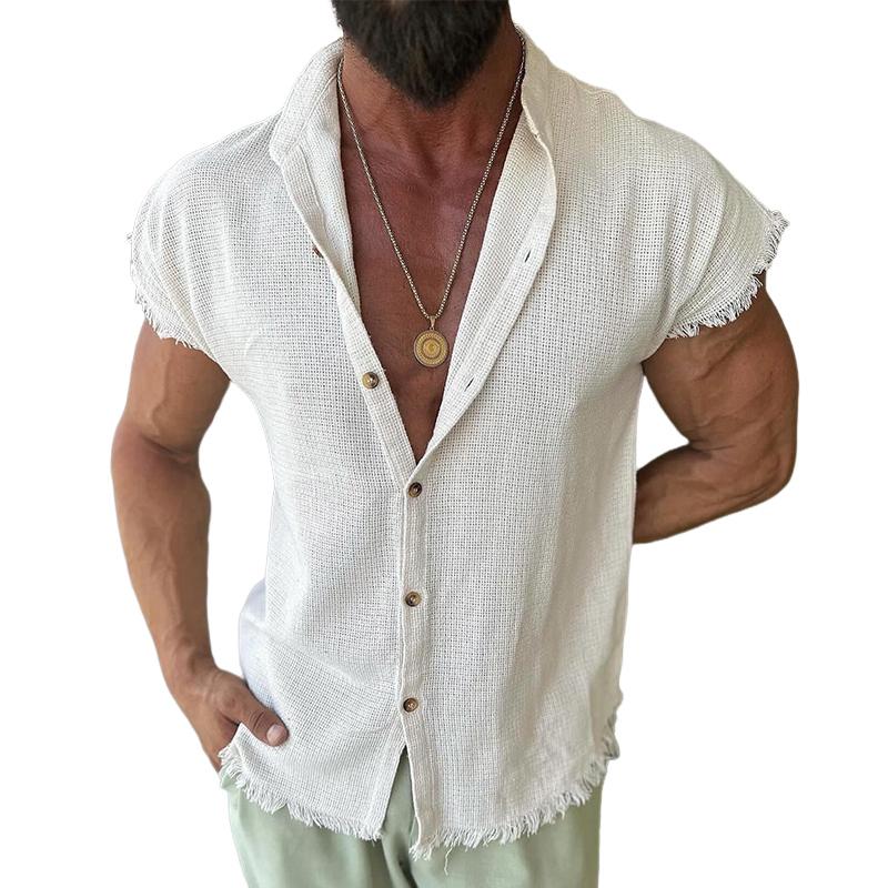 Men's Vintage Vacation Stand Collar Raw Edge Shirt 16675317X
