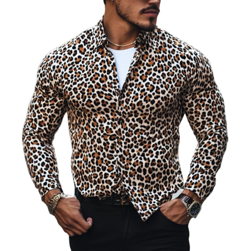 Men's Classic Casual Printed Leopard Satin Long Sleeve Shirt 94533590K