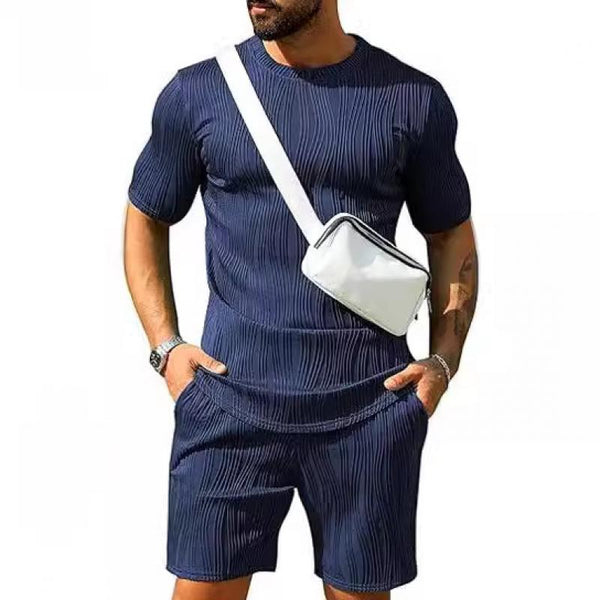 Men's Casual Round Neck Short Sleeve T-Shirt Elastic Waist Shorts Sports Set 59444291M