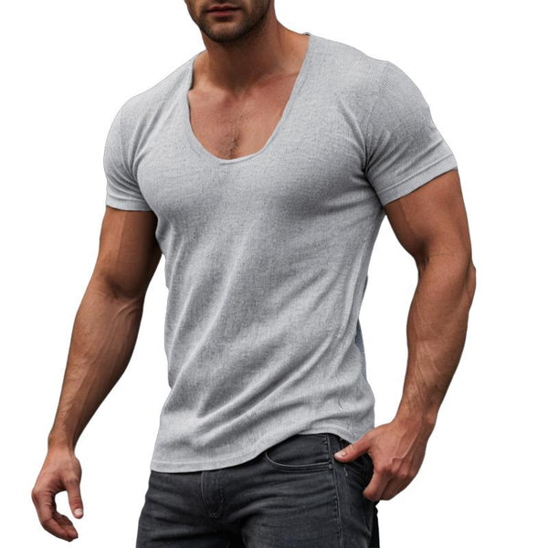Men's Solid Color U-Neck Tight Short-Sleeved T-Shirt 27067257Y