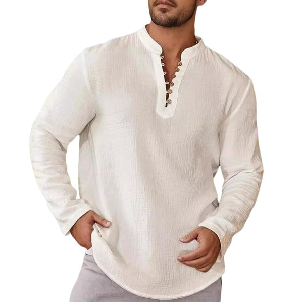 Men's Casual Cotton Linen Button Stand Collar Pullover Long Sleeve Shirt 20641987M
