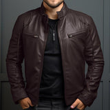 Men's Vintage Stand Collar Zipper Slim Leather Jacket 55238800M