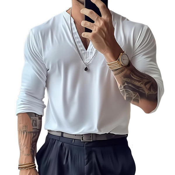 Men's Fashion Solid V Neck Long Sleeve Shirt 48704384Z