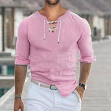 Men's Solid Lace-up V Neck Long Sleeve Shirt 45198707Z
