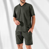 Men's Solid Loose V Neck Short Sleeve T-shirt Shorts Set 77897400Z