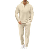 Men's Casual Solid Color Waffle Loose Hoodie Sports Pants Set 18828417M