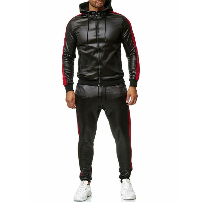 Men's Casual Slim Fit Stitching PU Leather Hoodie Fit Sweatpants Set  10873338K