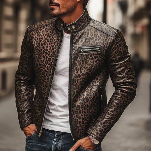 Men's Fashion Leopard Print Stand Collar Zipper Slim Fit Leather Jacket 82955739M