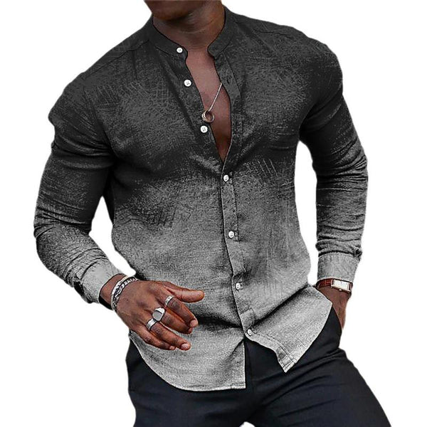 Men's Casual Stand Collar Gradient Print Slim Fit Long Sleeve Shirt 75177745M