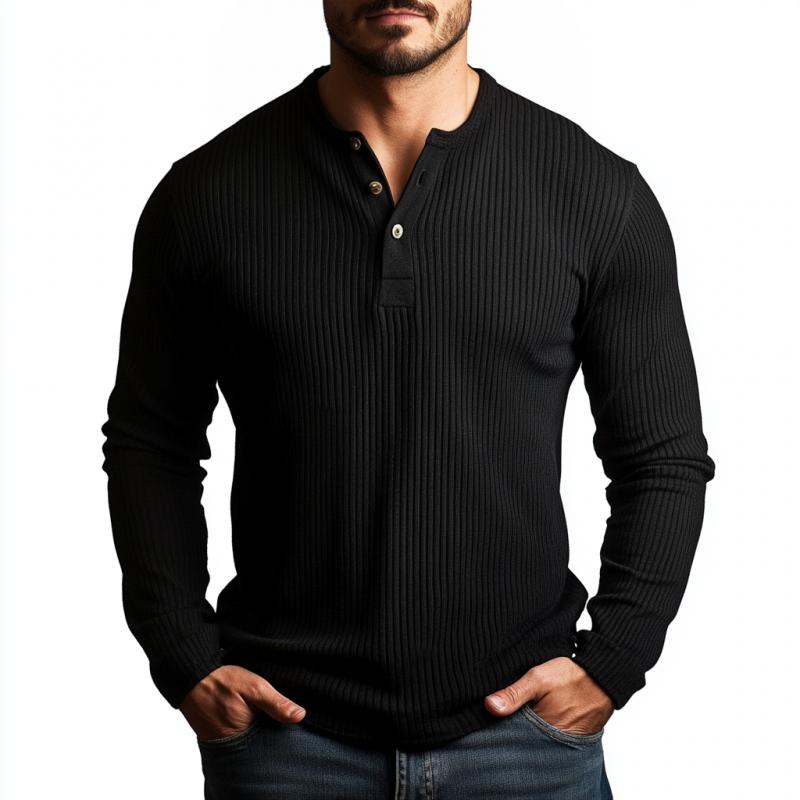 【24-Stunden-Versand】 Lässiges, langärmliges T-Shirt mit Rippenstreifen und Henley-Ausschnitt für Herren, Slim Fit, 75306283M