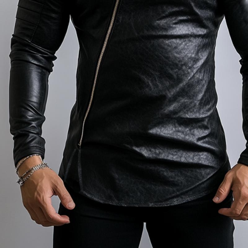 Men's Casual Round Neck Hem Slit Slim Fit Leather Long Sleeve T-shirt 50179193K