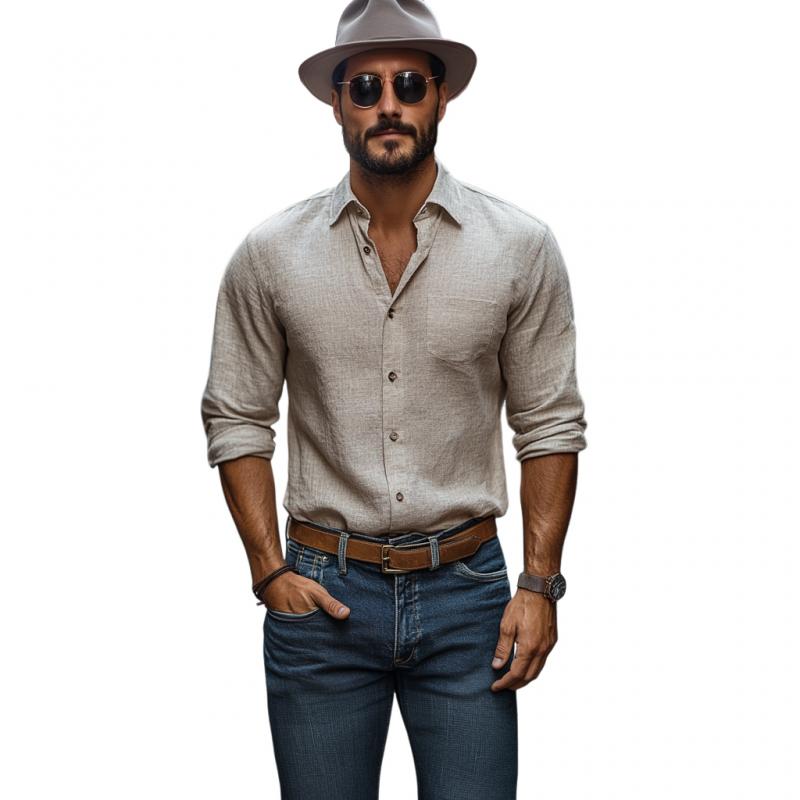 Men's Casual Cotton Linen Lapel Patch Pocket Loose Long Sleeve Shirt 32996965M