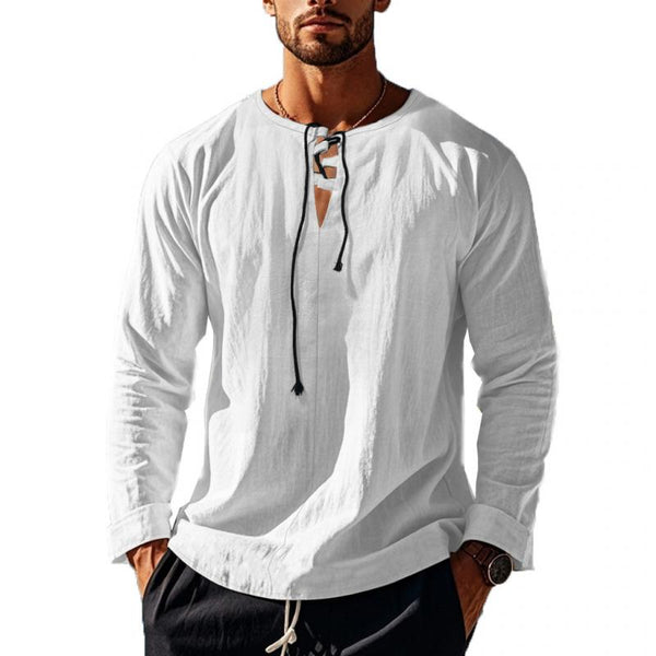 Men's Solid Cotton And Linen Lace-up V Neck Long Sleeve Shirt 32612337Z