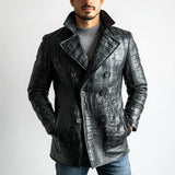 Men's Vintage Crocodile Lapel Double Breasted Mid-Length Leather Trench Coat 87804062Y