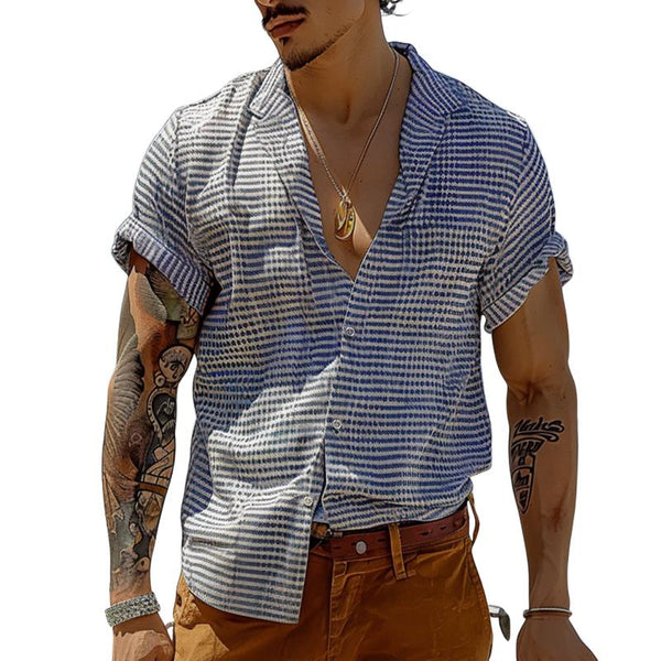 Men's Retro Striped Cuban Collar Short Sleeve Shirt 36135479TO