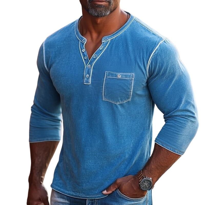 Men's Fashion Henley Neck Chest Pocket Slim Fit Long Sleeve T-Shirt 94201987Y