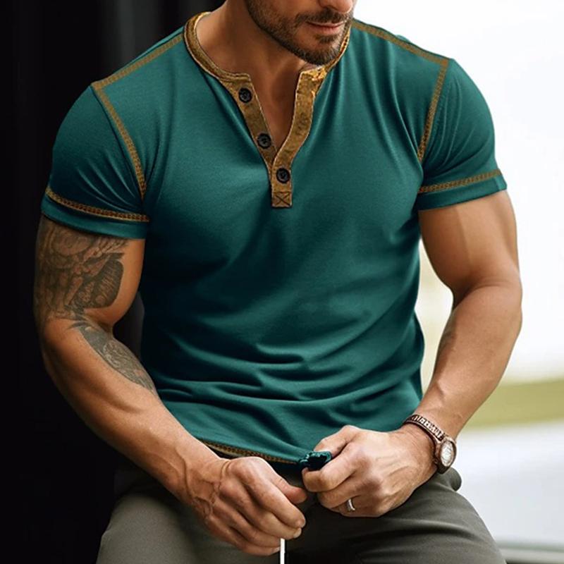 Men's Colorblock Henley Collar Short Sleeve T-shirt 00752165Z