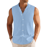 Men's Casual Cotton Linen Stand Collar Solid Color Sleeveless Shirt 99536124M