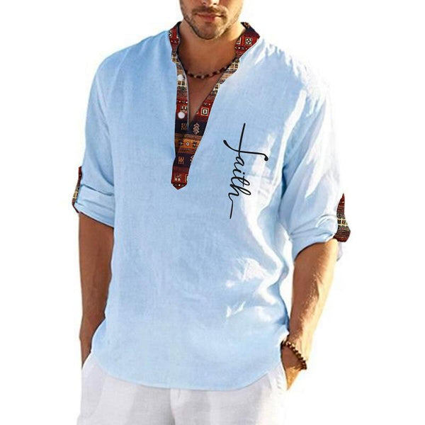 Men's Ethnic Print Panel Henley Collar Long Sleeve Casual Shirt 82432126Z