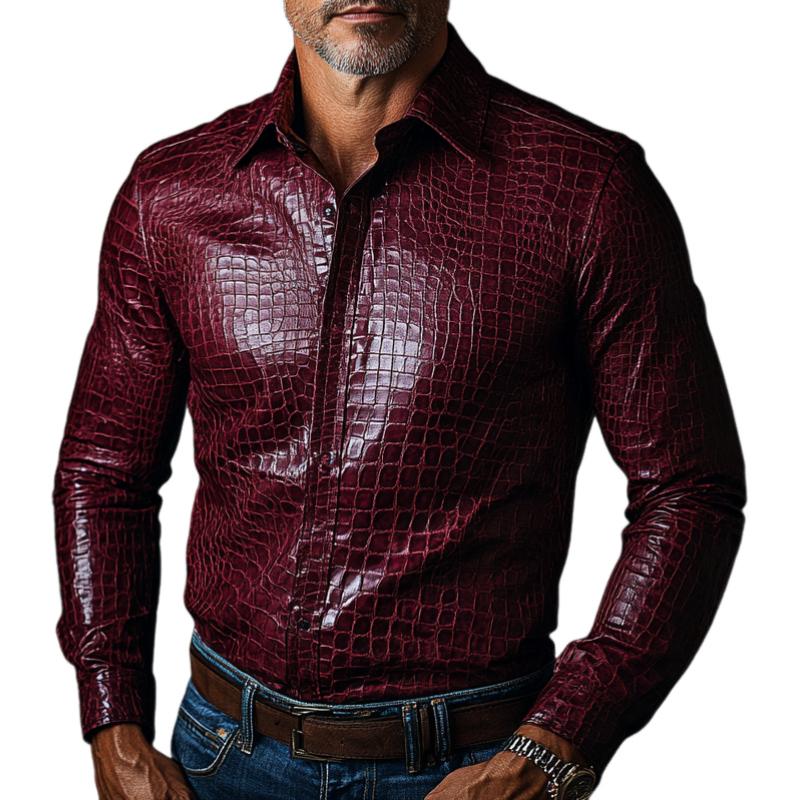 Men's Fashion Slim Burgundy Lapel Textured Leather Shirt 14133965F