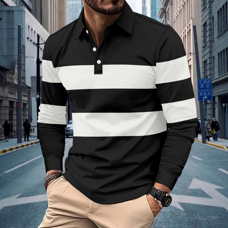 Men's Casual Lapel Striped Slim Fit Long Sleeve Polo shirt 62503201M