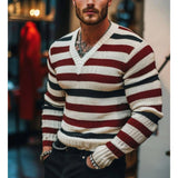 Men's Casual Colorblock Striped Knit V-Neck Slim Fit Sweater 82372153Y