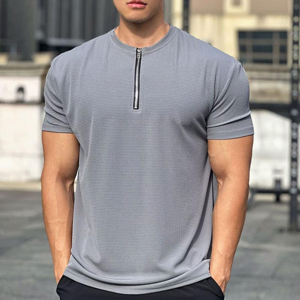 Men's Solid Color Zip Round Neck Short Sleeve Casual Sports T-Shirt 50106989Z