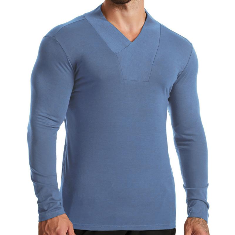 Men's Casual Solid Color V Neck Slim Long Sleeve T-Shirt 51296830M