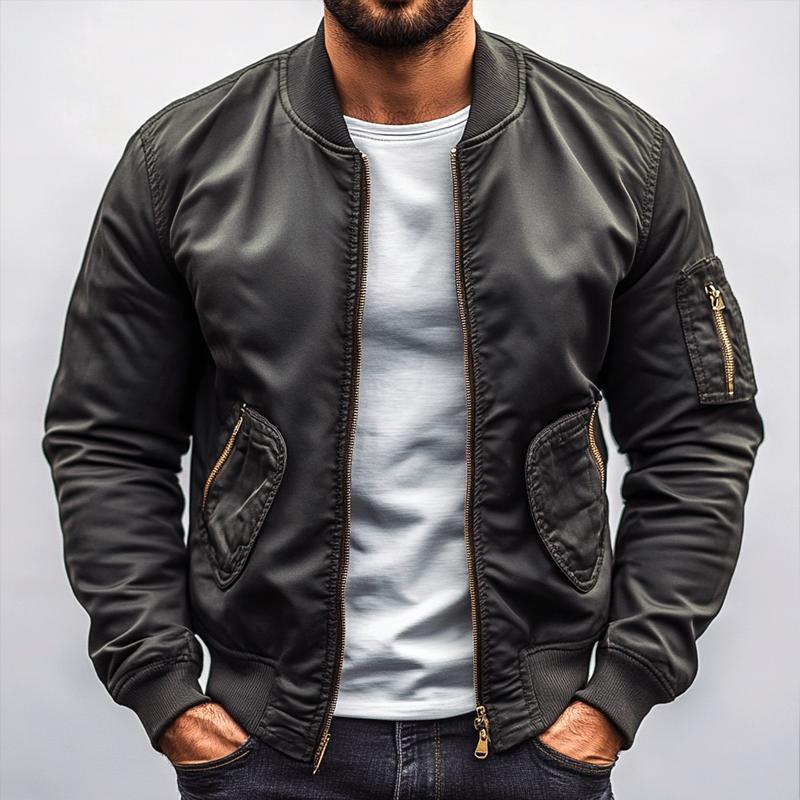 Veste de baseball élégante à fermeture éclair et poches multiples pour hommes, couleur unie, 84723008Z